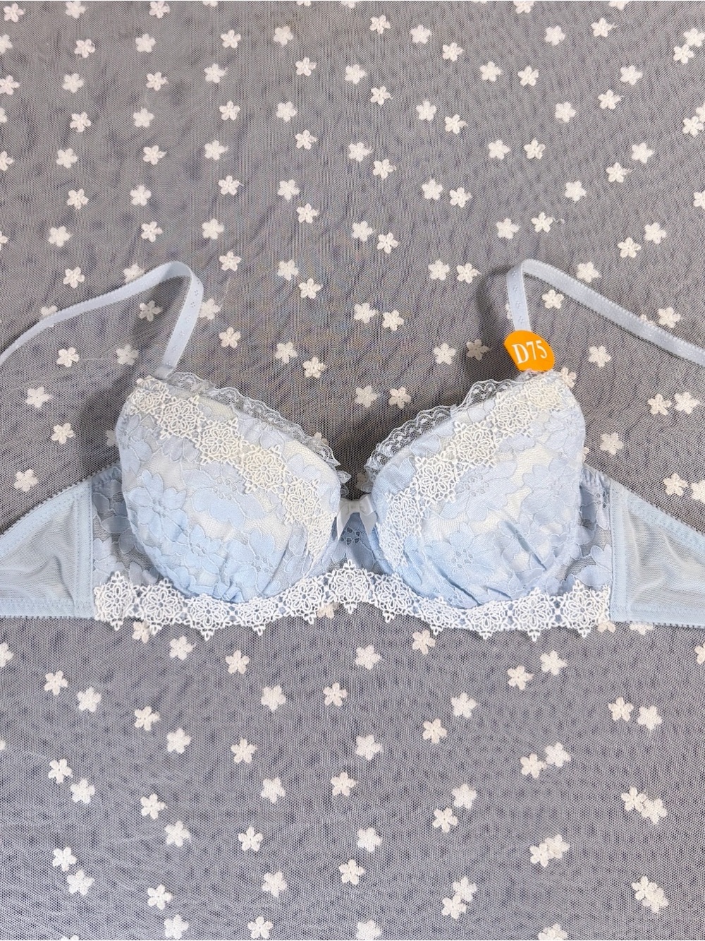 US-34B/JP-D75 Japanese Brand Satin Bow Floral Embroidery Ruffle Push Up Bra NWT